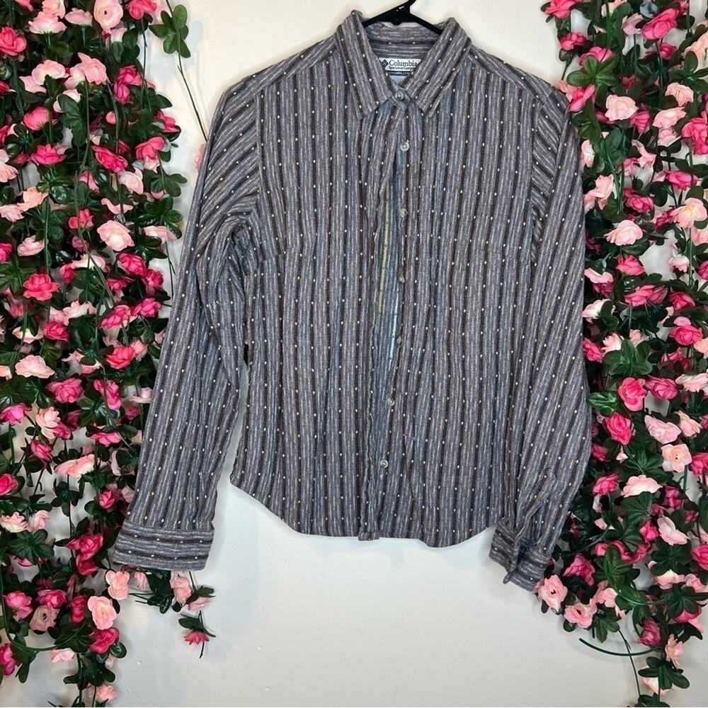 Columbia Women’s Small Brown Gray Striped Button Up Shirt Cotton Stretch